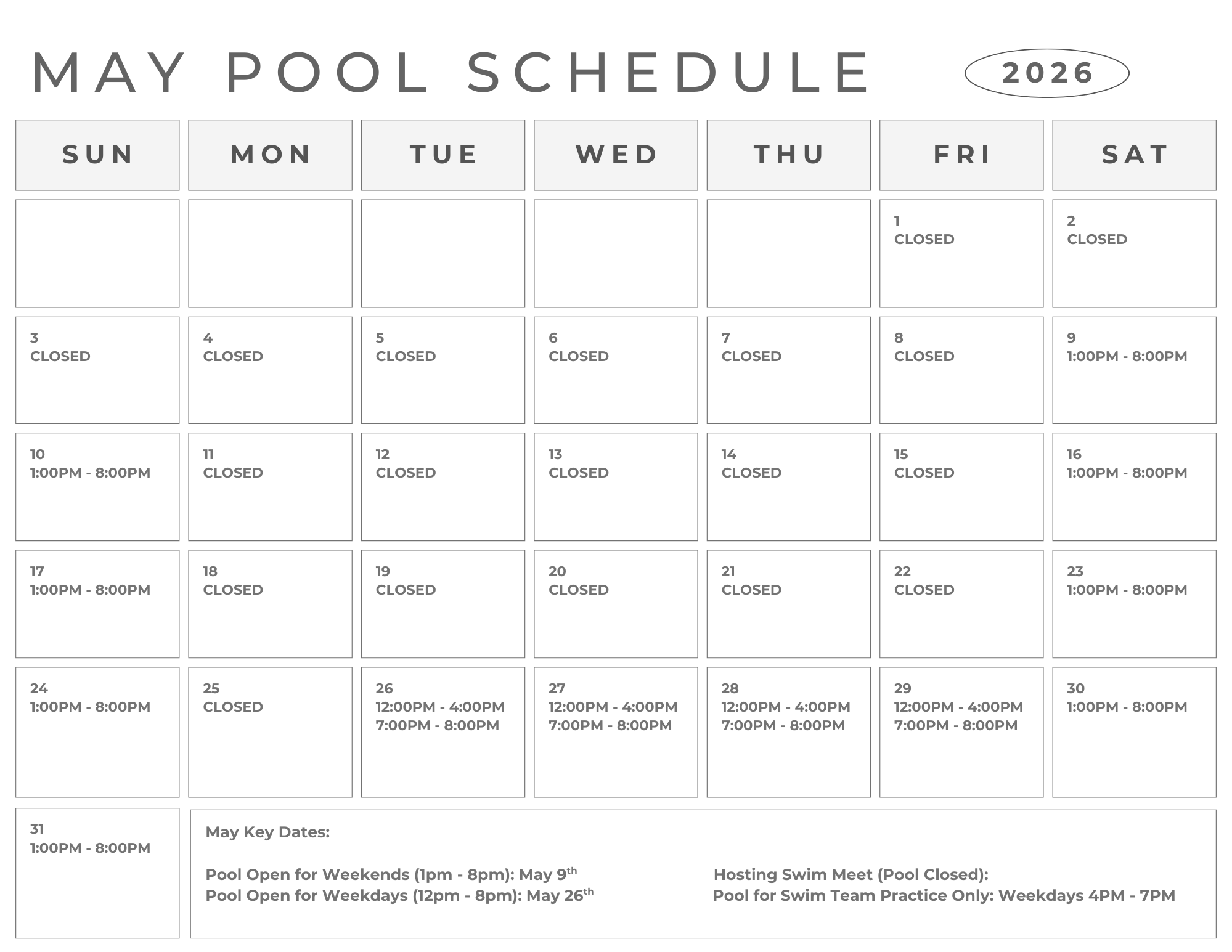 May 2026 Pool Schedule