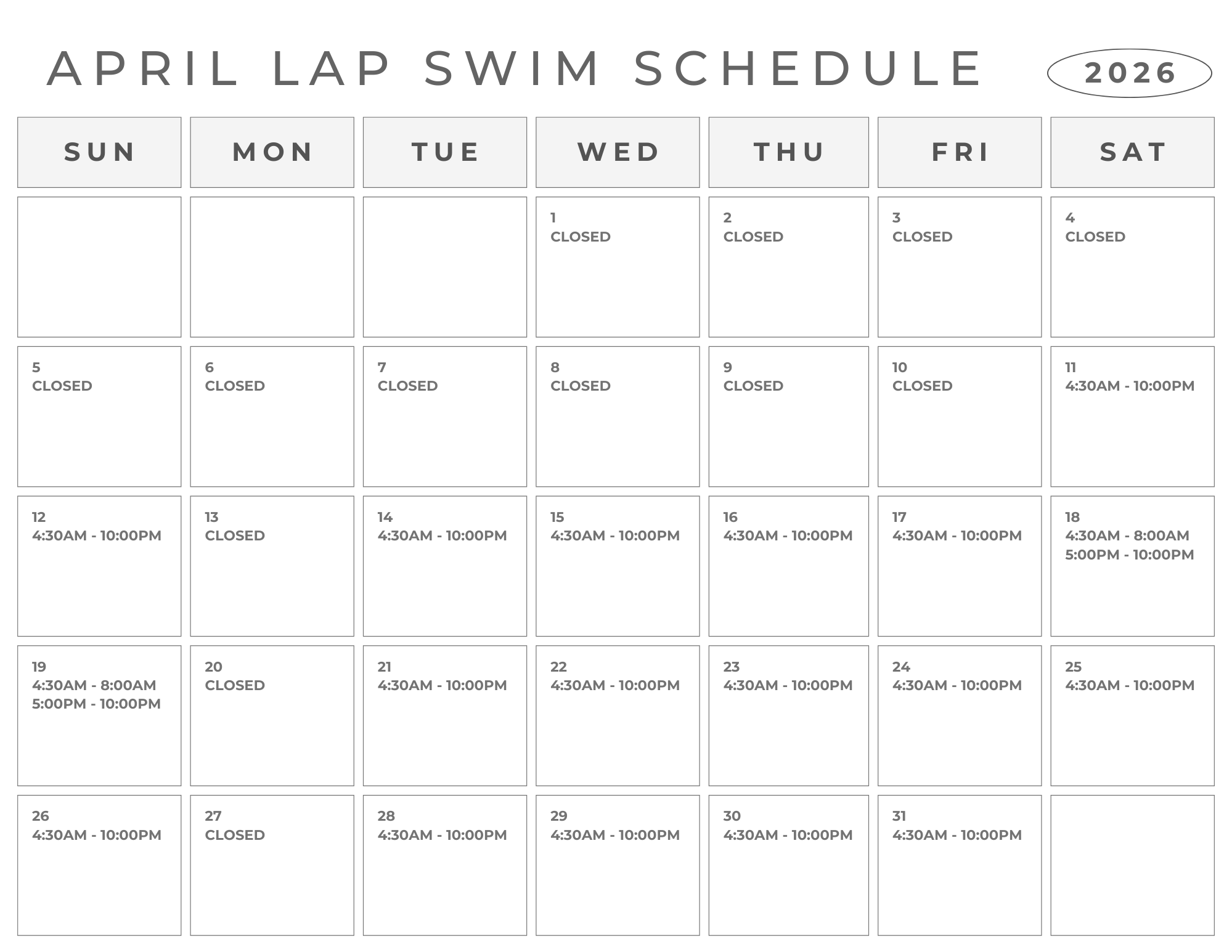 April 2026 Lap Swim
